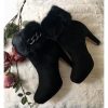 Ankle Boots Black Suedette with Faux Fur Trim