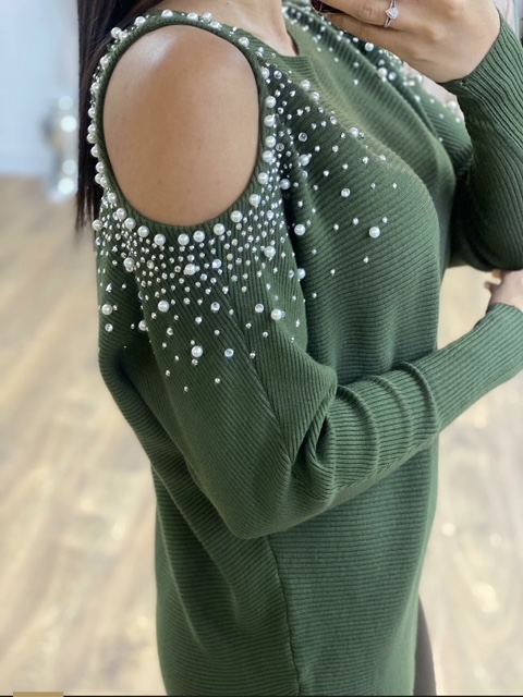 Pearl And Diamante Embellished Cold Shoulder Knit Green